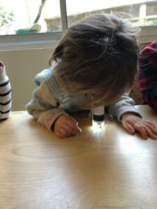 Expérience scientifique en stage pendant les vacances — enfants qui observe avec un microscope. Montessori La Baleine Paris